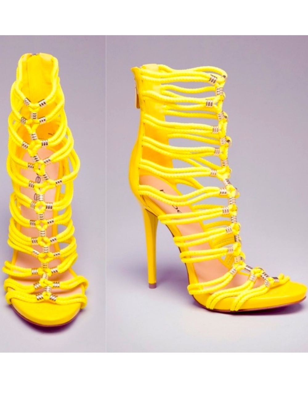 bebe Bright Yellow Rope-Strap Stiletto Sandals